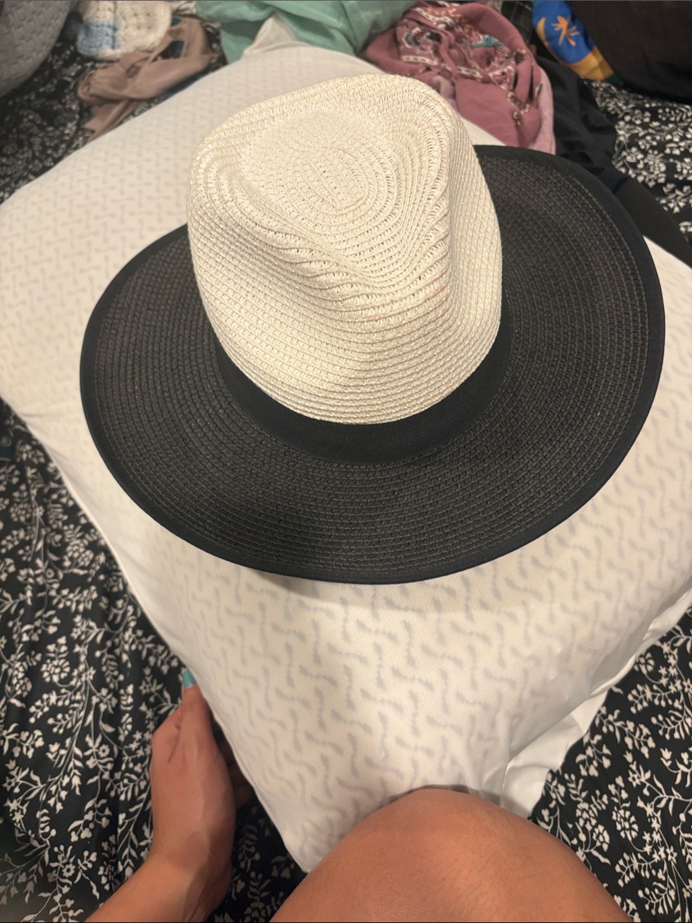 Two-Tone Black and Cream Wide Brim Straw Hat